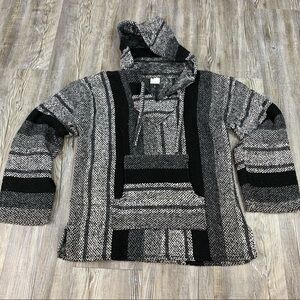 Black Gray Woven Mexican Style Hooded Pancho